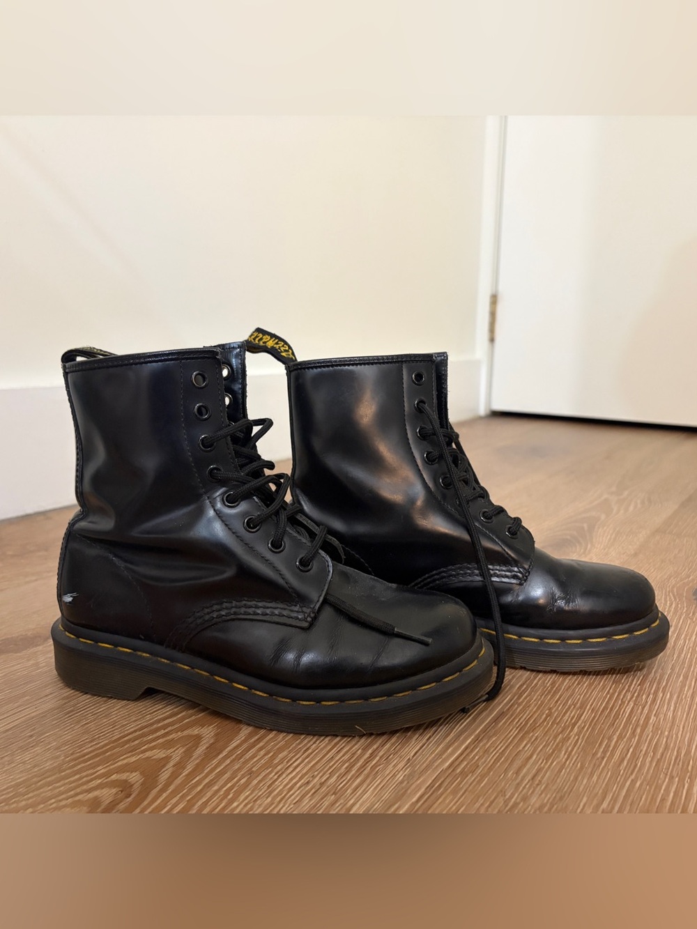 Dr. Martens Black Leather Lace-Up Boots with Yellow Stitching